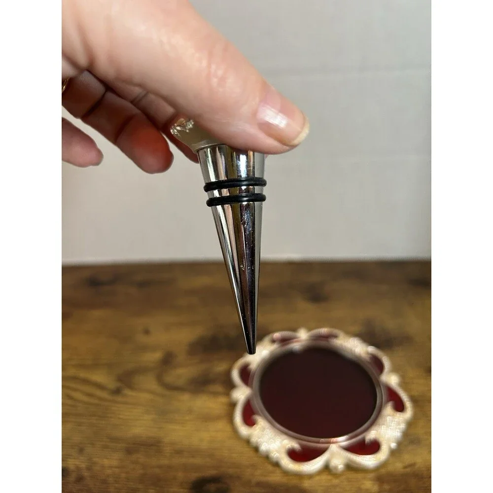 Bombay Scarlett Wine Coaster & Bottle Stopper Set Red Enamel Silver Tone Gift